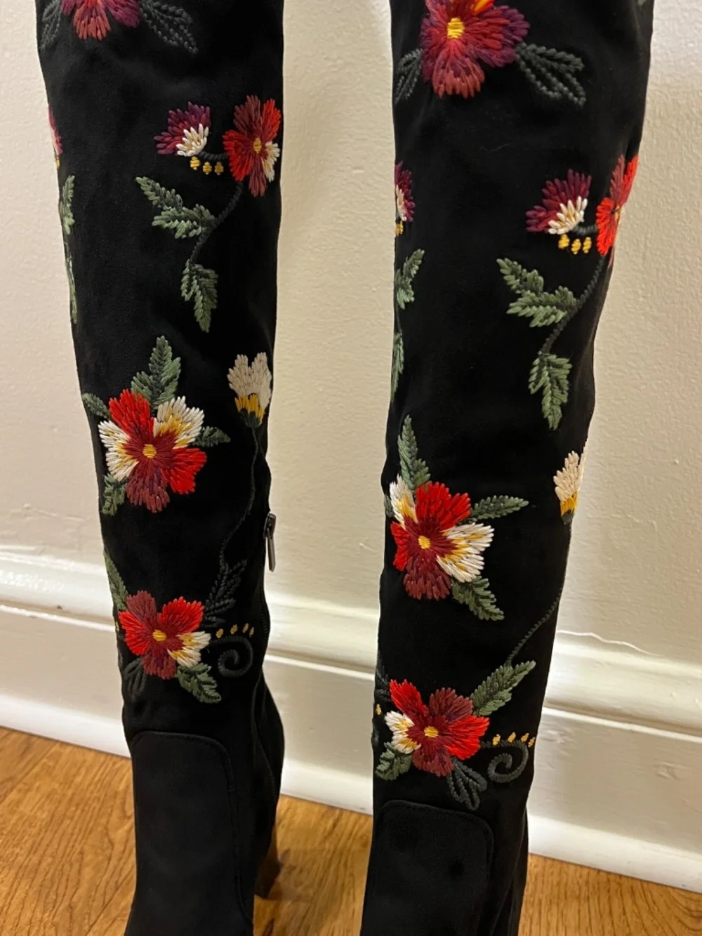 Sam Edelman Vena Black Microsuede Floral Embroidered Over-the-Knee Boots, Sz 10M